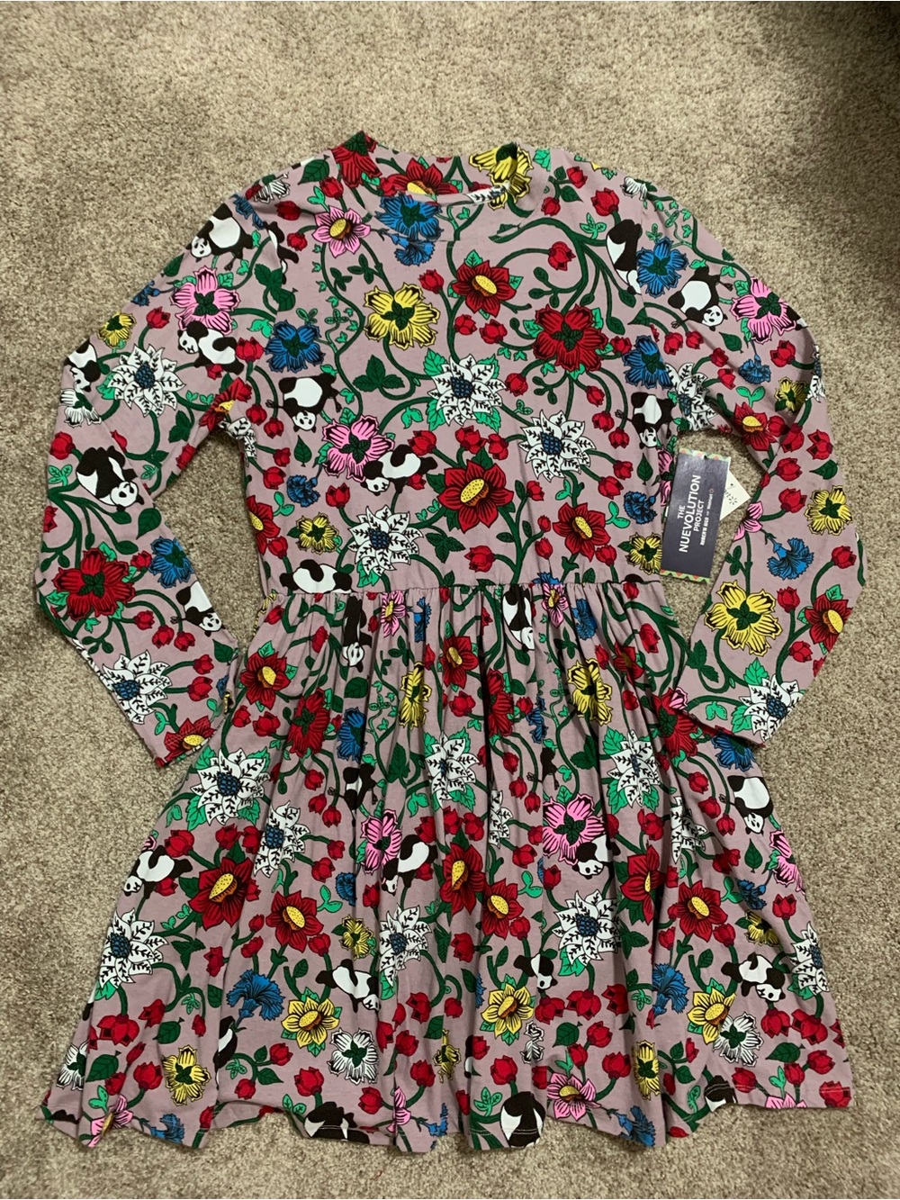 Roberto Lugo Panda Floral Allover Flare Knit Long Sleeve Dress Pockets Women NWT